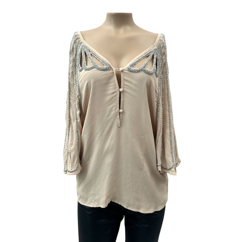 Boyod Embellishments V-Neck Butterfly‎ Half Sleeve Nancy Top Pink Silver Women S
